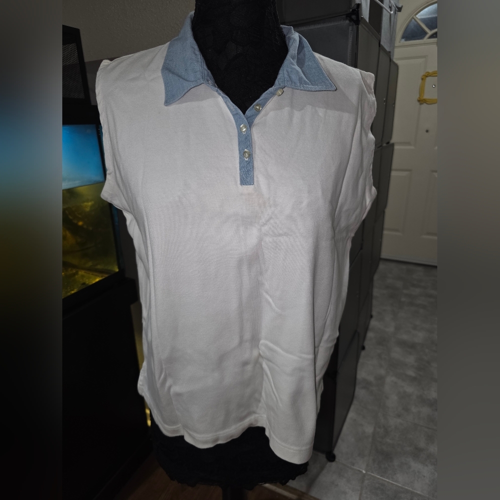 Eddie Bauer Ivory and Denim Polo Top